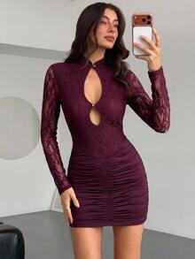Aloruh Vestido mini elegante de mujer con encaje, patchwork, sexy y con recortes en color burdeos - Burdeos - Ver 3