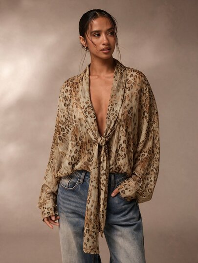 Glamine Women's Blouse, Leopard Print Shiny Chiffon Fabric Casual Women's Shirt Top, V-Neck Long Sleeve Chiffon Blouse, Apricot Chiffon Dropped Shoulder Long Sleeve Women's Shirt