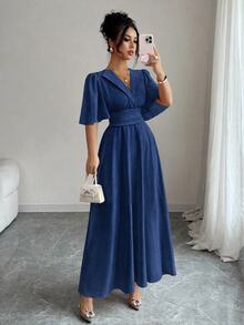 Elenzga Gaun Denim Wanita Kerah V Flare Biru Denim Wash Pantai Gaya Liburan Musim Gugur yang Nyaman dan Menawan - Dark Wash - View 1