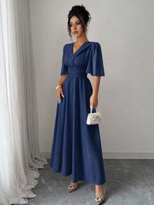 Elenzga Gaun Denim Wanita Kerah V Flare Biru Denim Wash Pantai Gaya Liburan Musim Gugur yang Nyaman dan Menawan - Dark Wash - View 3