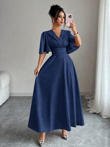 Elenzga Gaun Denim Wanita Kerah V Flare Biru Denim Wash Pantai Gaya Liburan Musim Gugur yang Nyaman dan Menawan - Dark Wash - View 4
