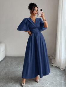 Elenzga Gaun Denim Wanita Kerah V Flare Biru Denim Wash Pantai Gaya Liburan Musim Gugur yang Nyaman dan Menawan - Dark Wash - View 5