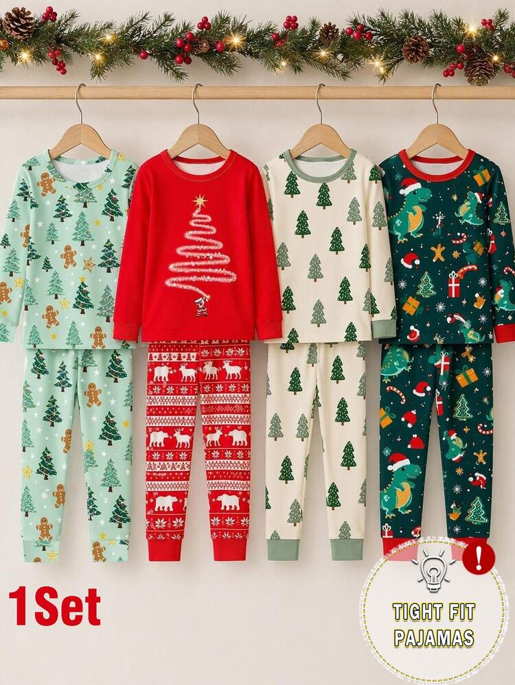 Baby Boys Pajamas Autumn New Christmas Tree Gingerbread Man All-Over Print Knitted Snug Fit Crew Neck High Elastic Long Sleeve Long Pants 2 Pieces Set Home Wear Autumn/Winter 1Set Christmas Holiday Style - Multicolor - View 2