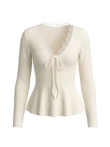 LUMIGAL V-Neck Wavy Lace Trim Neckline Drawstring Tie Waist Ruffle Hem Fitted Long Sleeve Women's Sweater - White - View 4