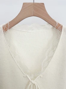 LUMIGAL V-Neck Wavy Lace Trim Neckline Drawstring Tie Waist Ruffle Hem Fitted Long Sleeve Women's Sweater - White - View 5