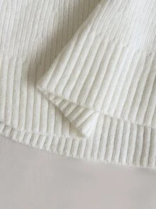 LUMIGAL V-Neck Wavy Lace Trim Neckline Drawstring Tie Waist Ruffle Hem Fitted Long Sleeve Women's Sweater - White - View 6