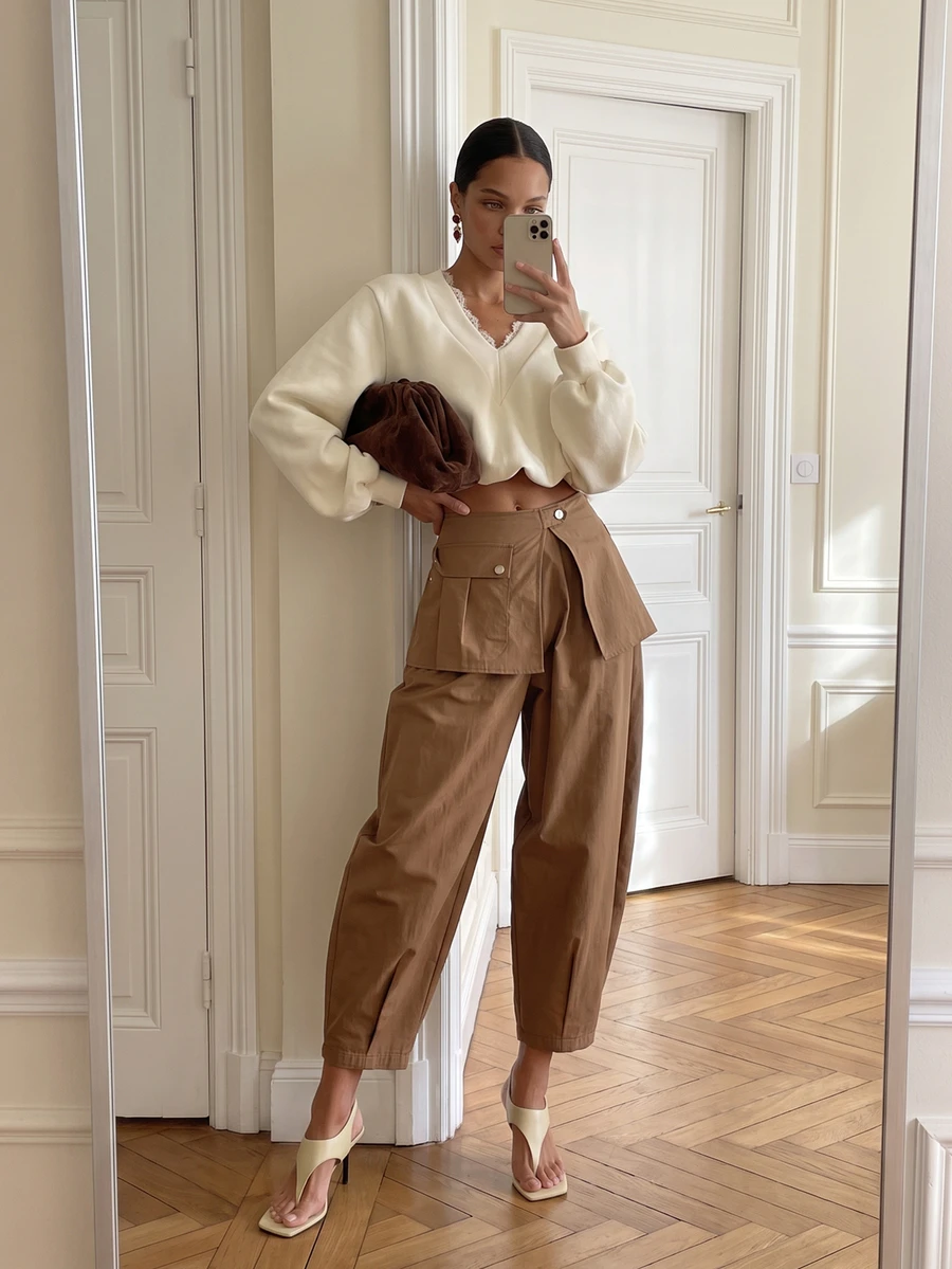 AiiRZ High Rise Barrel Leg Cropped Pants With Wrap Flap Detail And Oversized Patch Pocket Pleated Wide Leg Trousers - Green - View 1