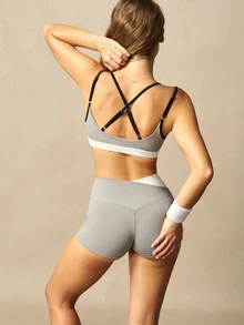 VARSIVA Women's Cropped Colorblock Tank Top And Criss-Cross Waist Shorts Sports Set - Multicolor - View 7