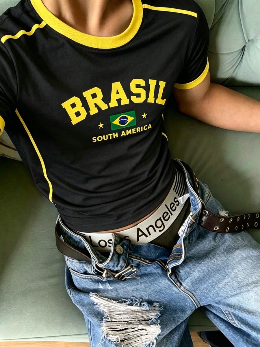 Resyla Men 男士夏季街頭風酷感足球黑色球衣，字母印花白色短版上衣，巴西風 - 黑色 - 查看 1