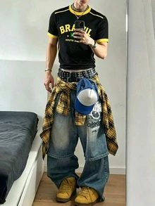 Resyla Men 男士夏季街頭風酷感足球黑色球衣，字母印花白色短版上衣，巴西風 - 黑色 - 查看 2
