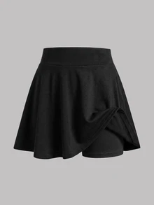 SHEIN Girls' Solid Color A-Line Mini Skirt, Light Gray And Pure Black, Minimalist Athletic Wide Waistband, Flared Umbrella Hem, Short Fit, Simple Autumn - Multicolor - View 9
