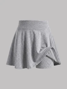 SHEIN Girls' Solid Color A-Line Mini Skirt, Light Gray And Pure Black, Minimalist Athletic Wide Waistband, Flared Umbrella Hem, Short Fit, Simple Autumn - Multicolor - View 5