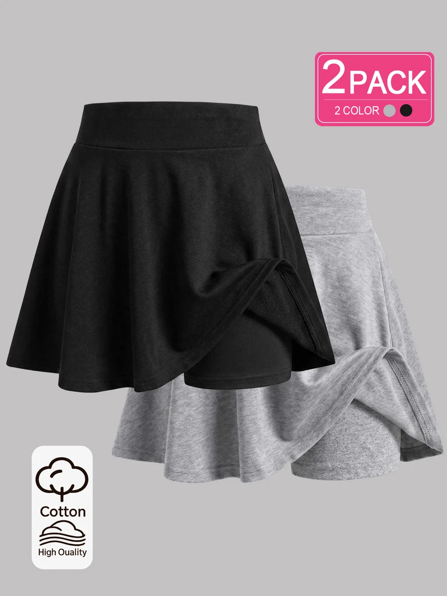 SHEIN Girls' Solid Color A-Line Mini Skirt, Light Gray And Pure Black, Minimalist Athletic Wide Waistband, Flared Umbrella Hem, Short Fit, Simple Autumn