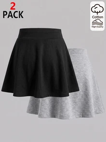 SHEIN Girls' Solid Color A-Line Mini Skirt, Light Gray And Pure Black, Minimalist Athletic Wide Waistband, Flared Umbrella Hem, Short Fit, Simple Autumn - Multicolor - View 3