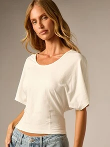 AiiRZ Cream Scoop Neck Boxy Crop T-Shirt With Short Sleeves Casual Everyday Summer Essential Relaxed Cropped Top - White - View 4