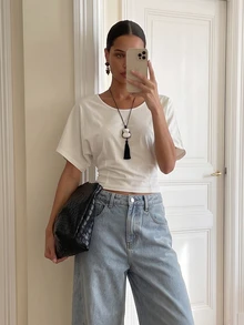 AiiRZ Cream Scoop Neck Boxy Crop T-Shirt With Short Sleeves Casual Everyday Summer Essential Relaxed Cropped Top - White - View 1