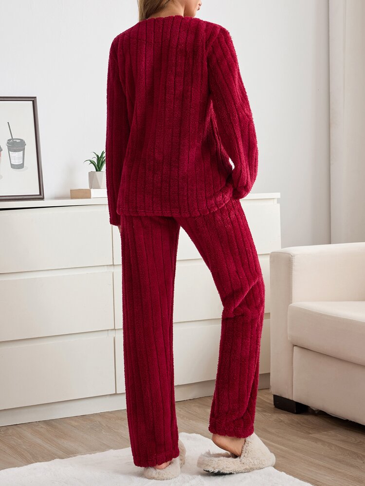 SHEIN Women Cute Bunny Appliqu Ribbed Plush Sleeveless Top And Straight Leg Pants Soft Cozy Casual Pajama Set - Burgundy - View 2