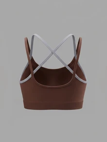 StreetHx Women's Contrast Color Criss-Cross Back Design Daily Fitness Modest Athleisure Sports Camisole Gym Active Brown Summer - Brown - View 2