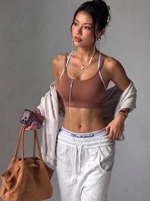 StreetHx Women's Contrast Color Criss-Cross Back Design Daily Fitness Modest Athleisure Sports Camisole Gym Active Brown Summer - Brown - View 1