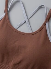 StreetHx Women's Contrast Color Criss-Cross Back Design Daily Fitness Modest Athleisure Sports Camisole Gym Active Brown Summer - Brown - View 5