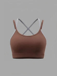 StreetHx Women's Contrast Color Criss-Cross Back Design Daily Fitness Modest Athleisure Sports Camisole Gym Active Brown Summer - Brown - View 3