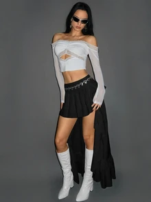 SHEIN ICON 低腰不对称下摆 A 字裙 - 黑色 - 查看 4