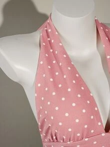 SHEIN ICON Women's Halter Deep V-Neck Ruched A-Line Polka Dot Backless Camisole - Pink - View 3