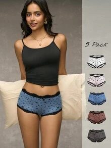 Wedaily Boyshort Wanita Busur Kontras Lace Mencetak - MultiWarna - View 4