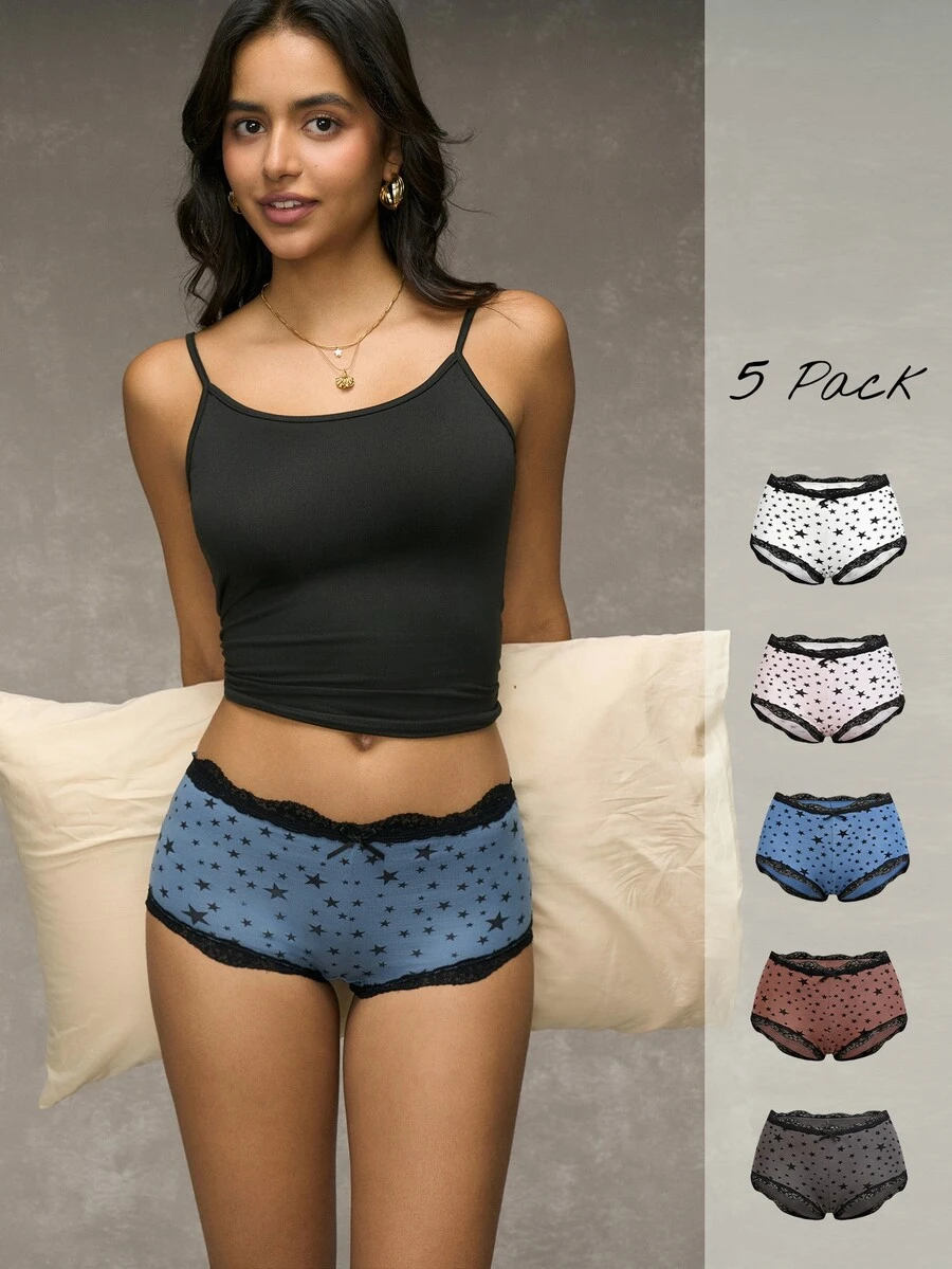 Wedaily Women's Comfortable Everyday Pentagram Print Lace Patchwork Briefs - Multicolor - View 1
