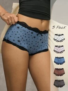 Wedaily Boyshort Wanita Busur Kontras Lace Mencetak - MultiWarna - View 3