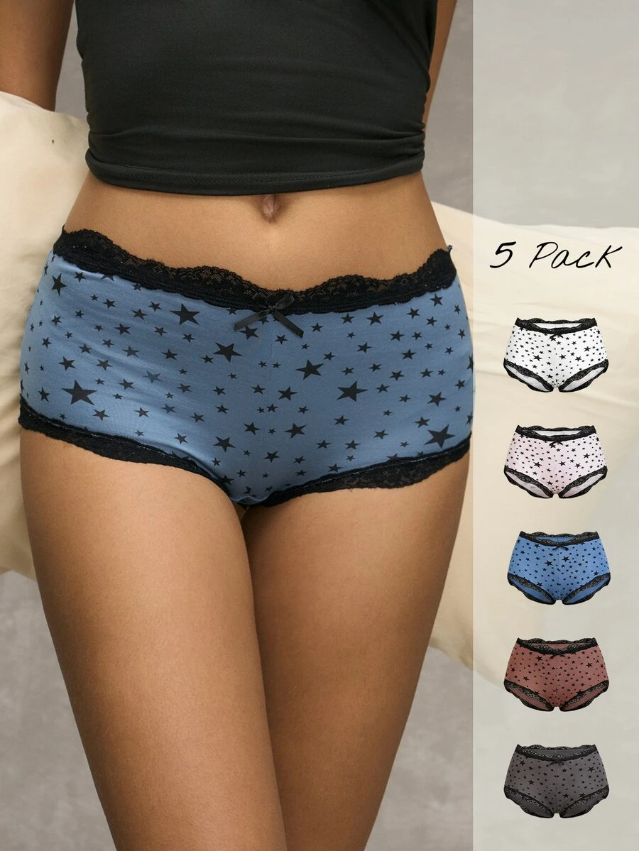 Wedaily Boyshort Wanita Busur Kontras Lace Mencetak - MultiWarna - View 1