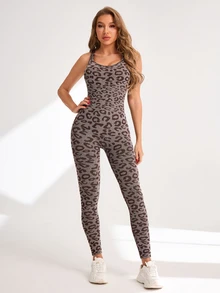 Slayform Slayform Leopard Print Seamless Knit Sports Jumpsuit - Brown - View 3