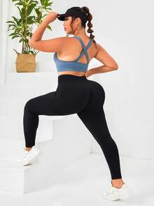 Slayform Plus Size Solid Tummy Control Sports Leggings Yoga Women Pants - Black - View 7