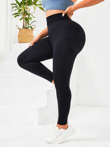 Slayform Plus Size Solid Tummy Control Sports Leggings Yoga Women Pants - Black - View 4