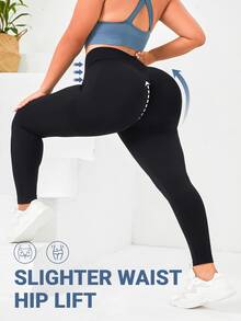 Slayform Plus Size Solid Tummy Control Sports Leggings Yoga Women Pants - Black - View 5