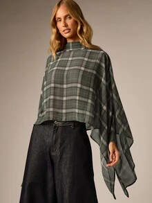 AiiRZ Plaid Cape-Style High Neck Batwing Sleeve Woven Top Asymmetric Hem Draped Poncho Blouse Fall Winter Layering Piece - Green - View 6