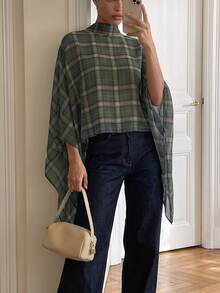 AiiRZ Plaid Cape-Style High Neck Batwing Sleeve Woven Top Asymmetric Hem Draped Poncho Blouse Fall Winter Layering Piece - Green - View 1