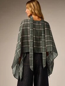 AiiRZ Plaid Cape-Style High Neck Batwing Sleeve Woven Top Asymmetric Hem Draped Poncho Blouse Fall Winter Layering Piece - Green - View 2
