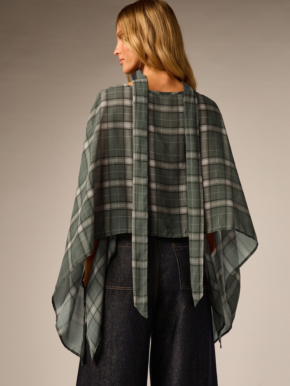 AiiRZ Plaid Cape-Style High Neck Batwing Sleeve Woven Top Asymmetric Hem Draped Poncho Blouse Fall Winter Layering Piece
