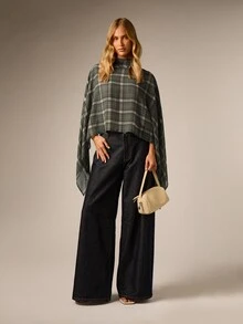 AiiRZ Plaid Cape-Style High Neck Batwing Sleeve Woven Top Asymmetric Hem Draped Poncho Blouse Fall Winter Layering Piece - Green - View 3