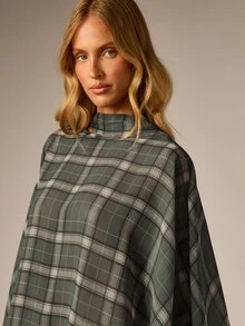 AiiRZ Plaid Cape-Style High Neck Batwing Sleeve Woven Top Asymmetric Hem Draped Poncho Blouse Fall Winter Layering Piece - Green - View 4