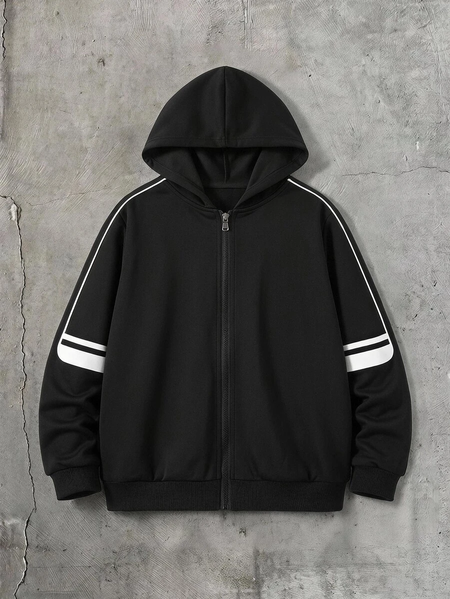 SHEIN 青少年男孩條紋長袖連帽拉鍊外套 - 黑色 - 查看 1