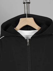 SHEIN 青少年男孩條紋長袖連帽拉鍊外套 - 黑色 - 查看 5