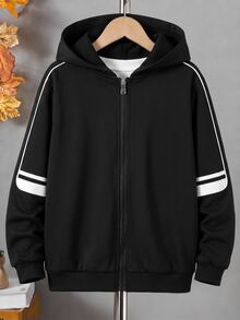 SHEIN 青少年男孩條紋長袖連帽拉鍊外套 - 黑色 - 查看 3