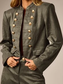 AiiRZ Cropped Military Style Faux Suede Jacket With Gold Buttons Stand Collar Double Breasted Band Detail Fall Winter Outerwear - Army Green - View 4