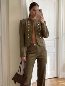 AiiRZ Cropped Military Style Faux Suede Jacket With Gold Buttons Stand Collar Double Breasted Band Detail Fall Winter Outerwear - Army Green - View 1