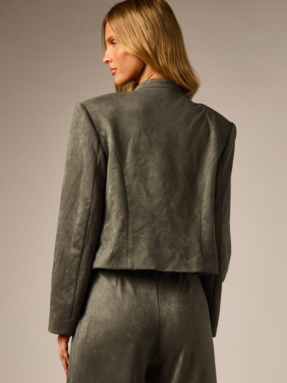 AiiRZ Cropped Military Style Faux Suede Jacket With Gold Buttons Stand Collar Double Breasted Band Detail Fall Winter Outerwear