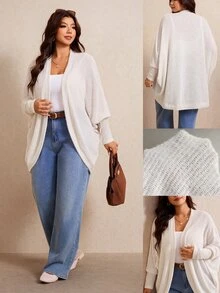 Elaquor Plus Size Casual Loose Ribbed Brushed Knit Cardigan Jacket White Autumn - Apricot - View 6