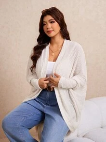 Elaquor Plus Size Casual Loose Ribbed Brushed Knit Cardigan Jacket White Autumn - Apricot - View 8
