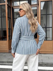 SHEIN LUNE Große Größen Weiß Knopf Langarm Business Taillen-betonendes Hemd für Büroarbeit Formell Herbst Lässig Normal Herbst - Blau - Übersicht 2